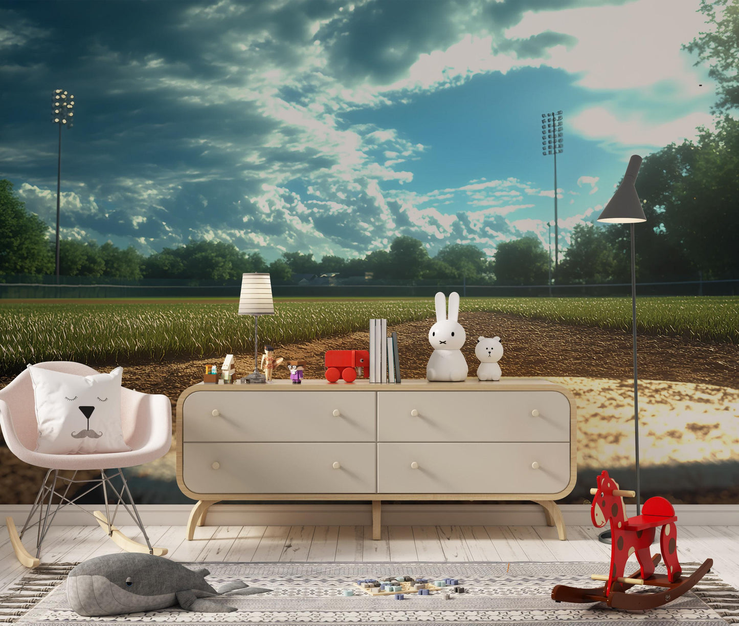 Baseball Field Wall Mural – Sports Themed Wallpaper for Boys Room or Man Cave – Stadium Sunset Large Wall Art Decor Vn525