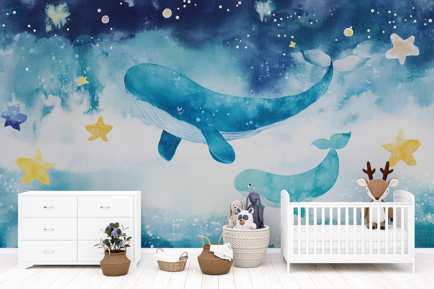 Whale Nursery Wall Mural – Ocean Baby Room Wallpaper – Underwater Sea Wall Art for Kids Room – Blue Whale Decor for Toddler Nursery Vn561