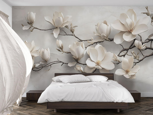 White Magnolia Flower Mural – 3D Effect Botanical Wall Art for Bedroom or Living Room Vn767