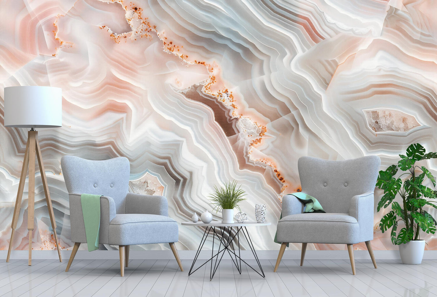 Agate Stone Wall Mural – Crystal Marble Wallpaper in Neutral Grey Peach Tones for Modern Decor Vn1089