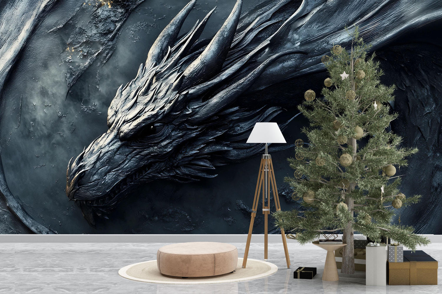 Dark Dragon Wall Mural | Fantasy Art Wallpaper | Gothic Dragon Head Decor | Mythical Beast Wall Art for Living Room or Office Vn596
