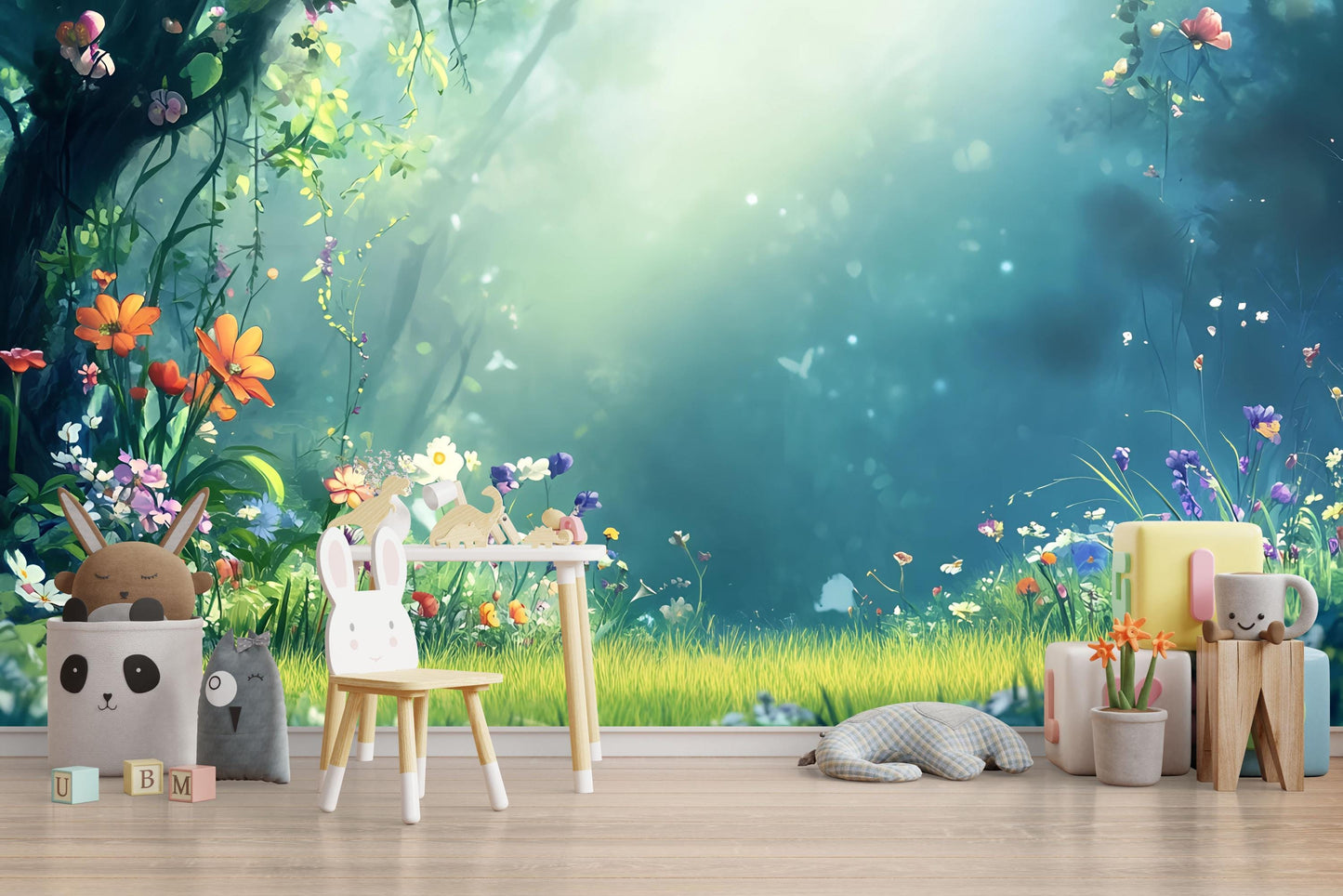 Whimsical Forest Wall Mural for Kids Room – Magical Garden Wallpaper – Fairy Tale Nature Scene Vn712