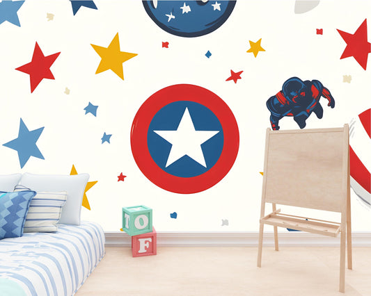 Superhero Kids Wall Mural | Captain America Shield Star Print | Boys Room Decor | Hero Nursery Wallpaper | Playroom Wall Art Vn275