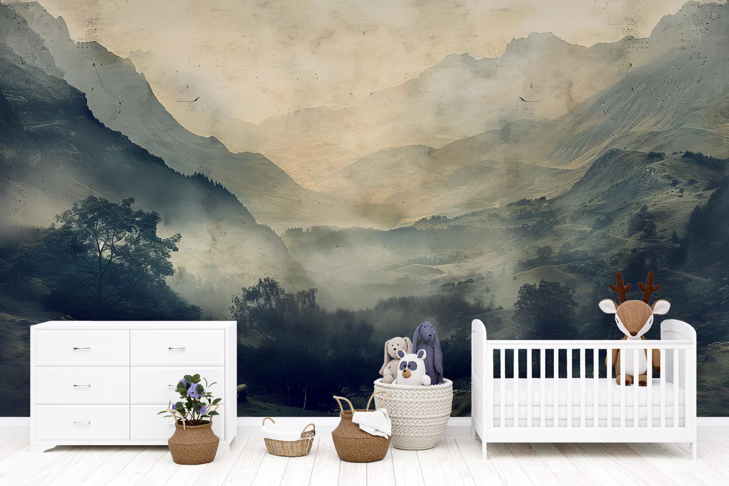 Misty Mountain Valley Wall Mural – Moody Foggy Forest Landscape Wallpaper Vn1009