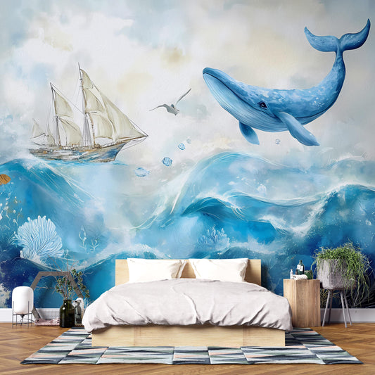Ocean Whale Wall Mural – Nautical Sea Life Wallpaper, Blue Whale and Sailboat Wall Art, Underwater Marine Theme Accent Wall Décor Vn090