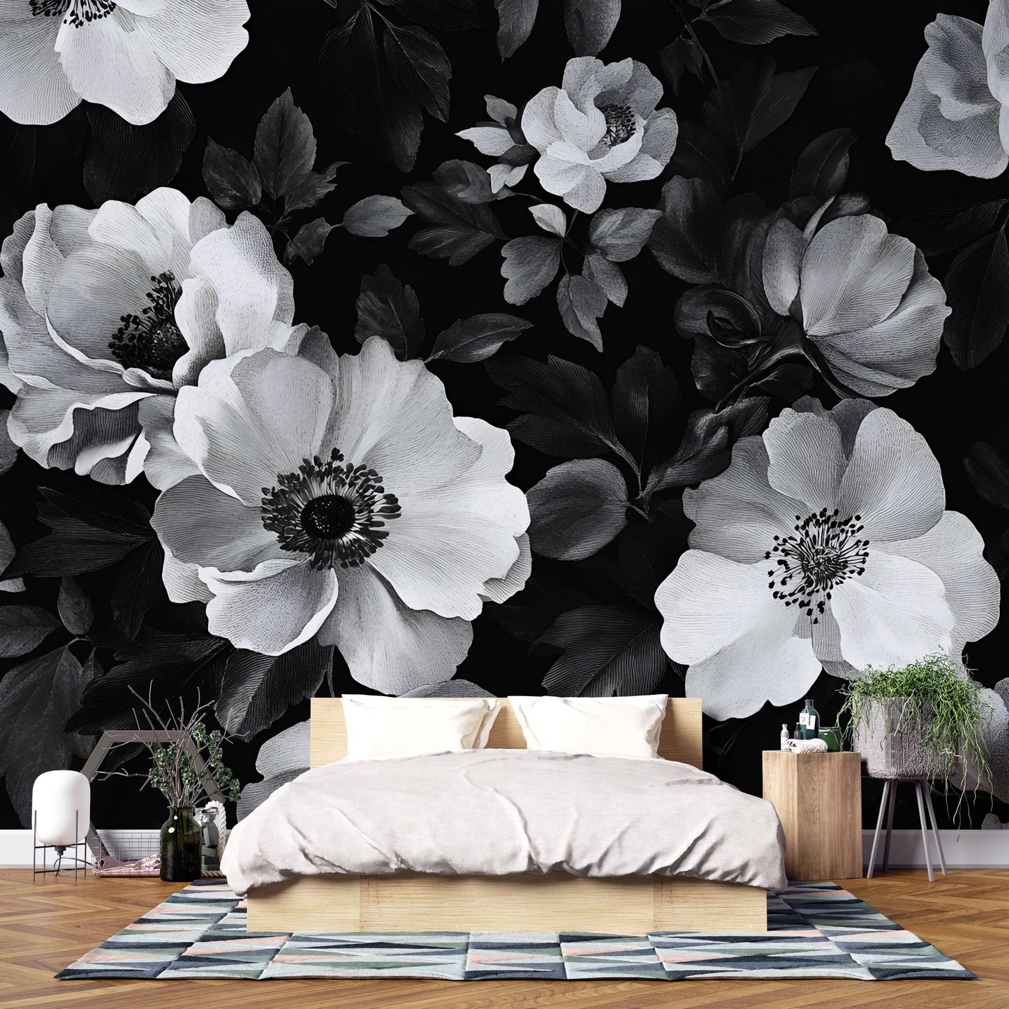 Black and White Floral Wall Mural, Oversized Peony Wallpaper for Bedroom Vn641