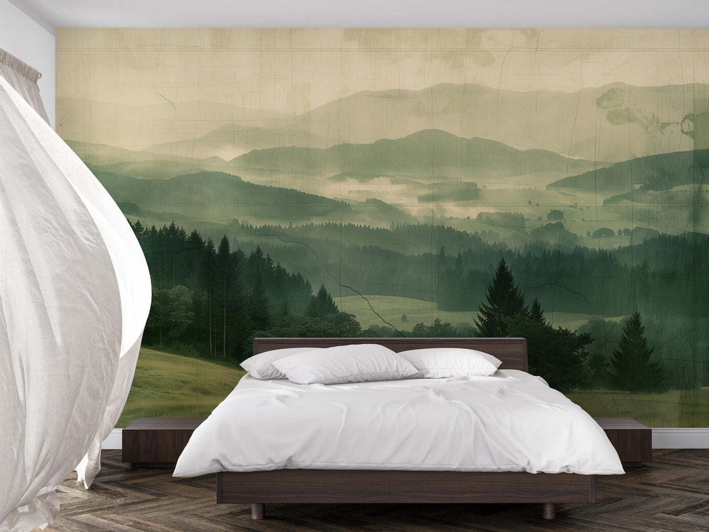 Green Forest Wall Mural – Misty Mountain Landscape Wallpaper for Bedroom or Living Room Vn1057