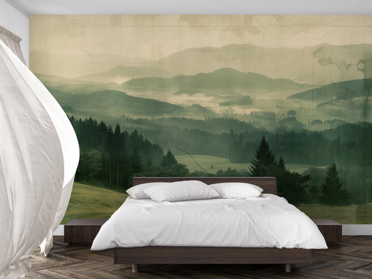 Green Forest Wall Mural – Misty Mountain Landscape Wallpaper for Bedroom or Living Room Vn1057
