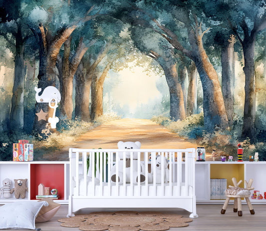 Watercolor Forest Wall Mural – Tranquil Woodland Path Removable Wallpaper for Nursery, Kids Room, or Playroom Decor  Vn758
