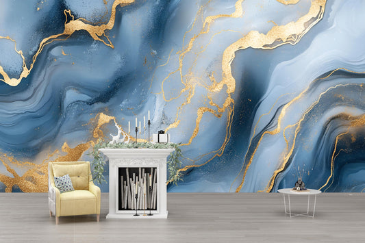 Blue Gold Marble Wall Mural – Luxury Abstract Wallpaper Vn969