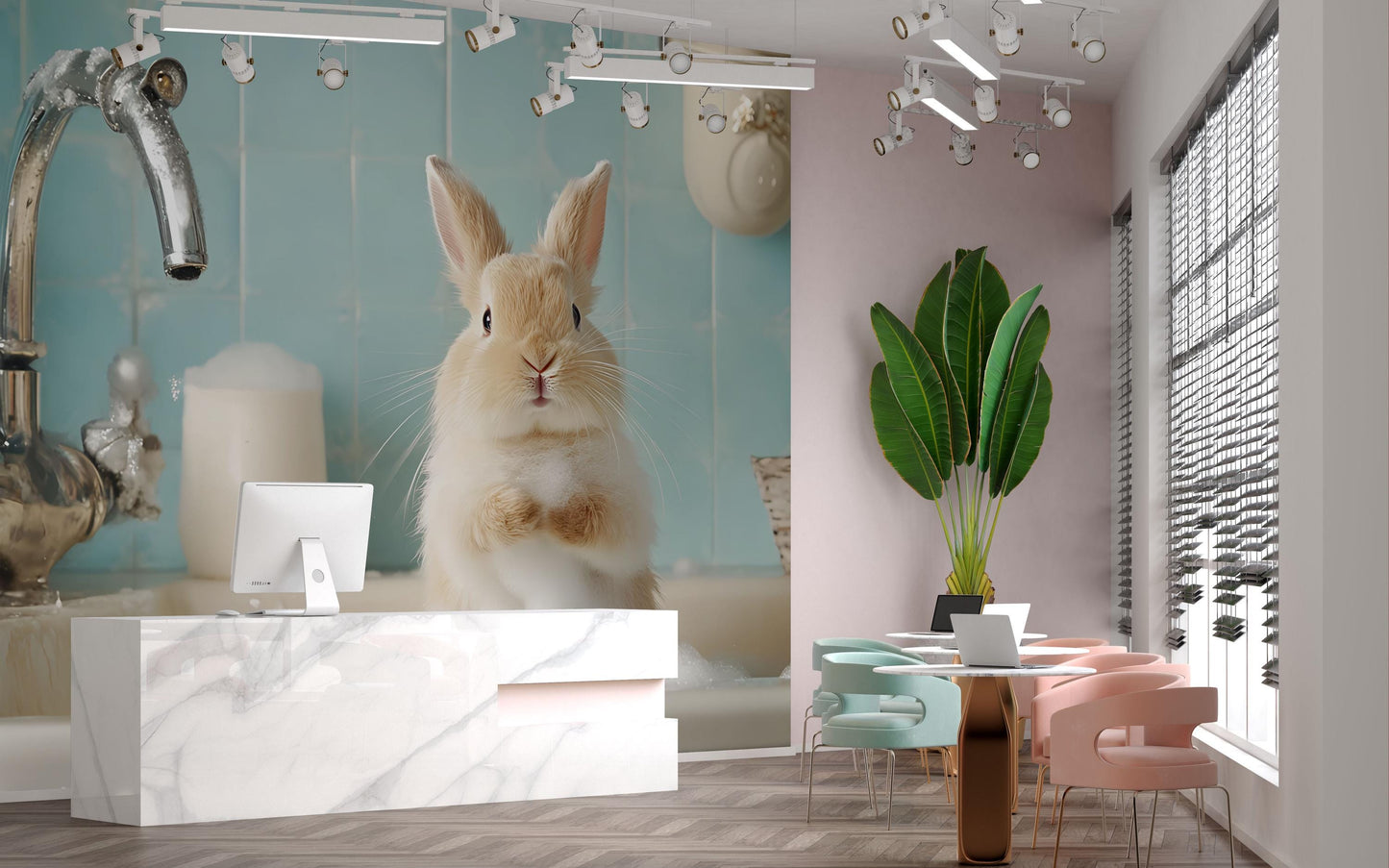 Cute Bunny Bath Wall Mural – Adorable Rabbit Bathroom Decor | Whimsical Animal Print for Nursery, Spa, or Kids' Room Vn681