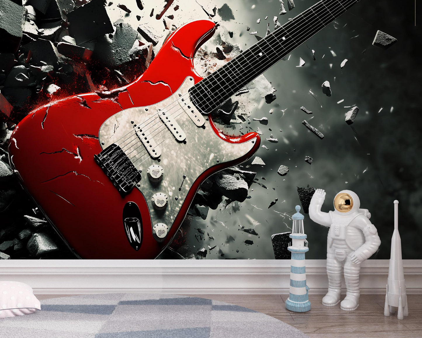 Red Electric Guitar Wall Mural for Kids Room – Bold Rock Music Wallpaper – Teen Bedroom Decor – Music Lover Gift Vn521
