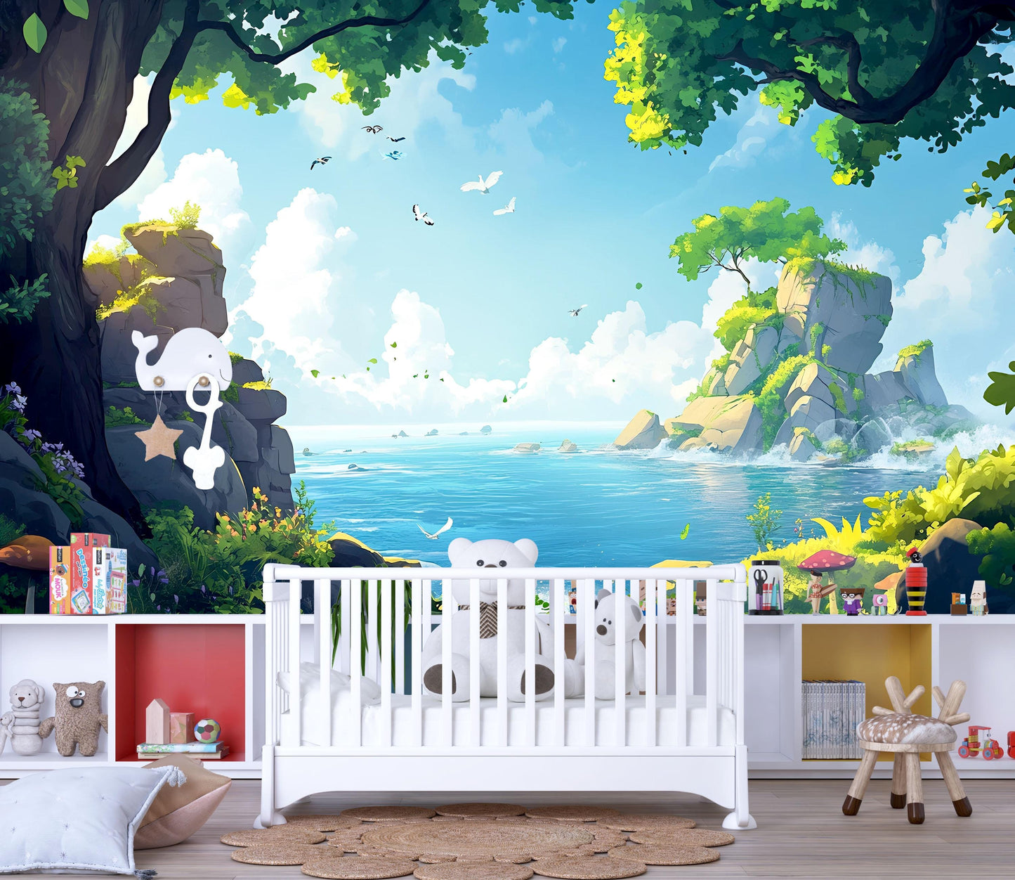 Whimsical Ocean Forest Wall Mural for Kids Room – Nature Landscape Wallpaper, Coastal Nursery Decor, Jungle Adventure Playroom Art Vn707