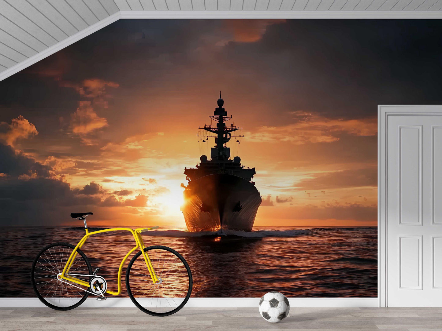 Nautical Kids Bedroom Decor Set with Ship Sunset Wall Mural & Bear Bedding | Ocean Theme Boy Room Furniture Set Vn452