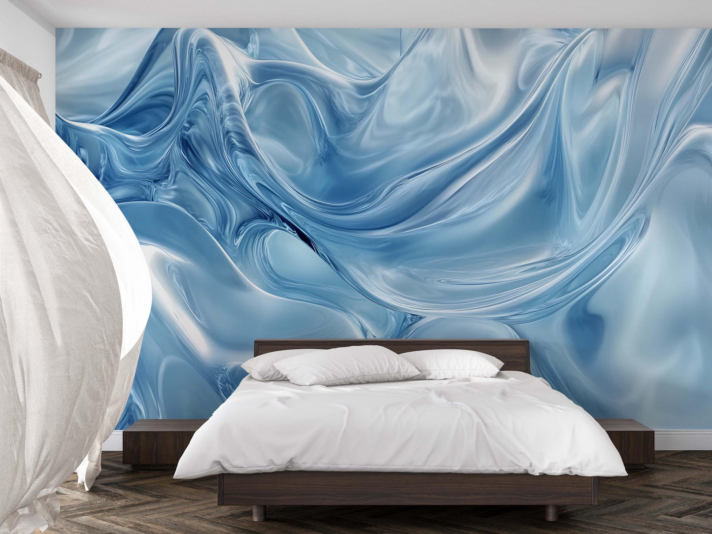 Abstract Blue Swirl Wall Mural, Modern Bedroom Wallpaper, Ocean Wave Effect Art, Luxury Interior Accent Wall Decor Vn752