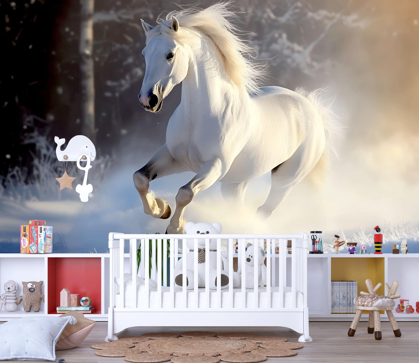 White Horse in Snow Wall Mural – Majestic Winter Stallion Wallpaper for Bedroom or Living Room  Vn782