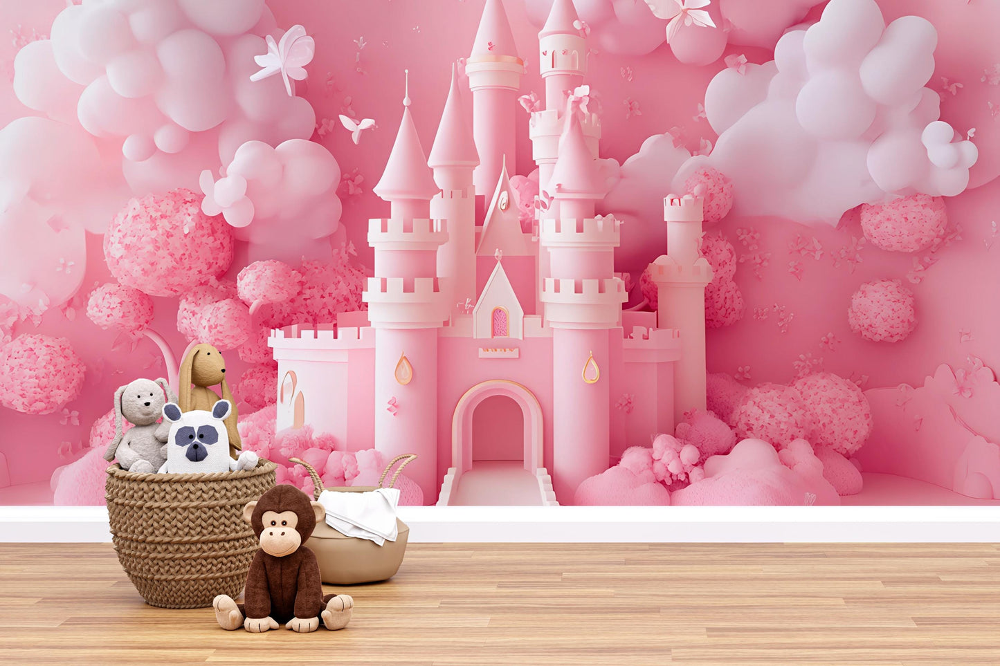 Princess Castle Wall Mural for Girls Room – Pink Fairytale Wallpaper | Dreamy Kids Room Decor | Magical Nursery Art Vn364