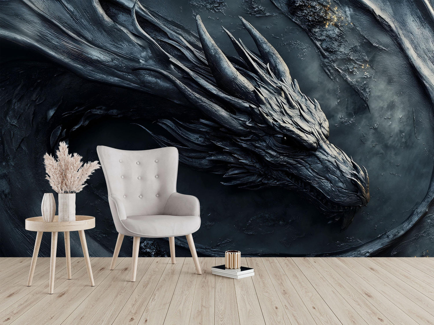 Dark Dragon Wall Mural | Fantasy Art Wallpaper | Gothic Dragon Head Decor | Mythical Beast Wall Art for Living Room or Office Vn596