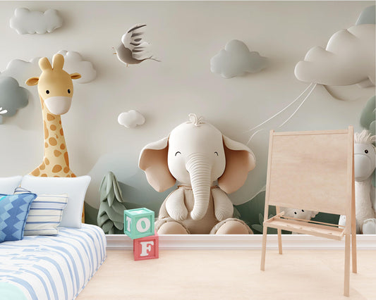 Safari Animal Nursery Wall Art - Jungle Theme Kids Room Decor - Elephant Giraffe Baby Wallpaper Vn 295
