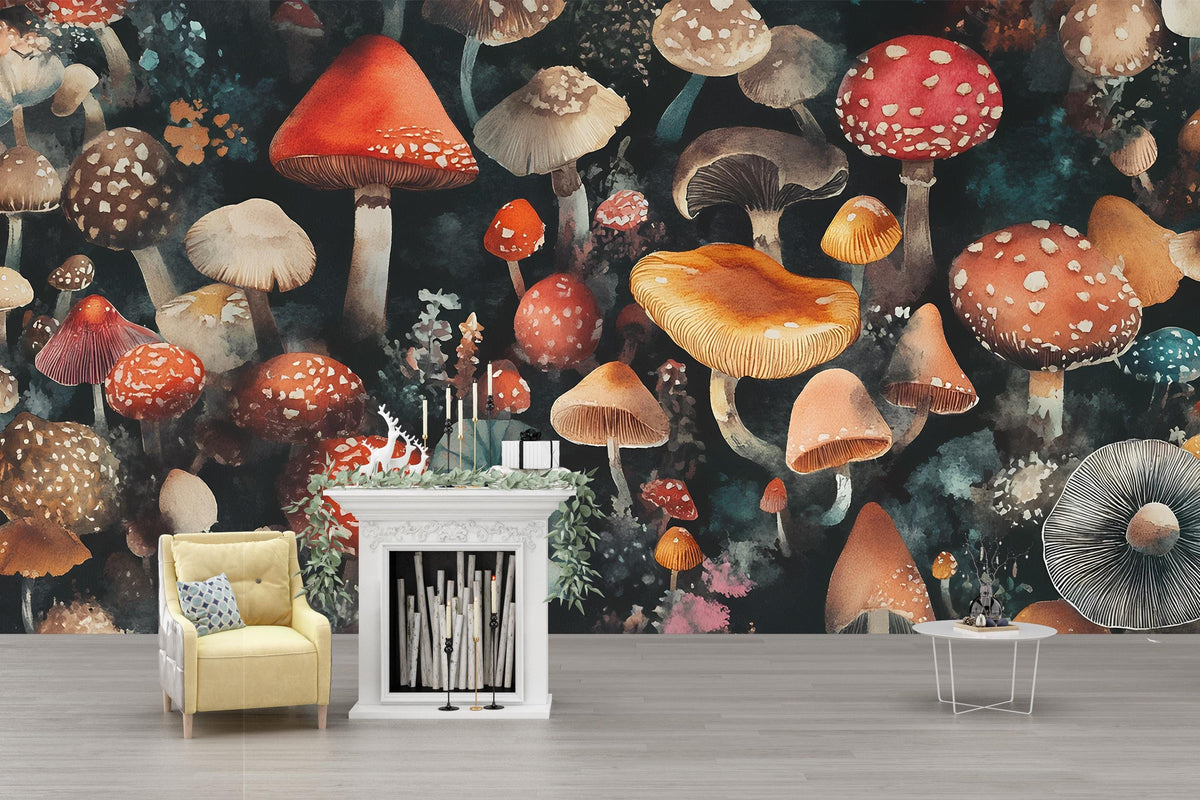 Whimsical Mushroom Forest Wall Mural - Fantasy Botanical Wallpaper for Boho Home Décor, Dark Cottagecore Wall Art Vn215