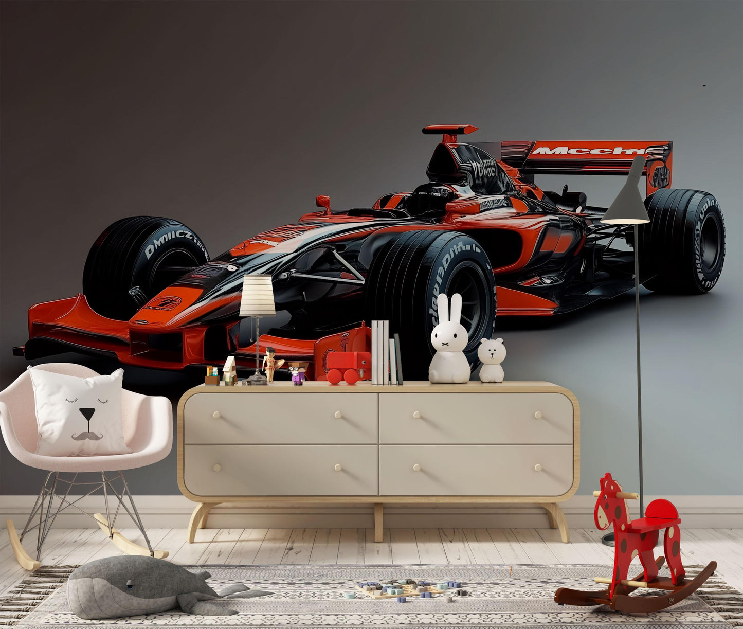 Formula 1 Wall Mural – McLaren Racing Car Wallpaper for Boys Bedroom & Gamer Room Vn878