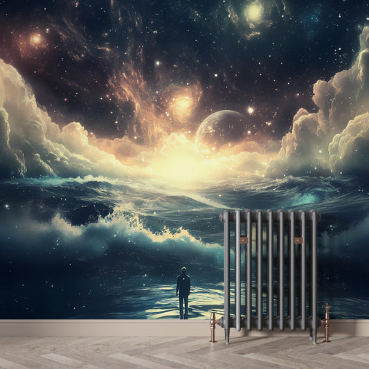 Surreal Ocean Galaxy Wall Art – Cosmic Sunset Seascape Mural with Stars, Planets & Waves – Dreamy Sci-Fi Fantasy Home Vn023