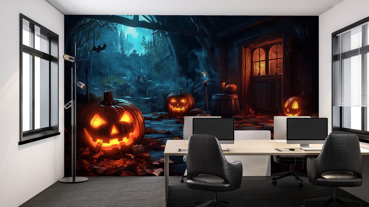 Haunted Pumpkin Path Wall Mural – Spooky Halloween Wallpaper for Office or Home Decor Vn788