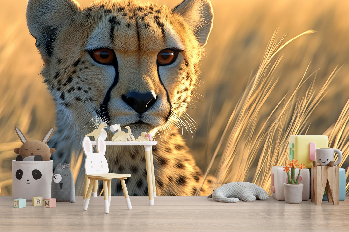 Cheetah Safari Nursery Wall Mural | Jungle Animal Baby Room Decor | Wildlife Big Cat Wallpaper | Removable Kids Wall Art Vn537