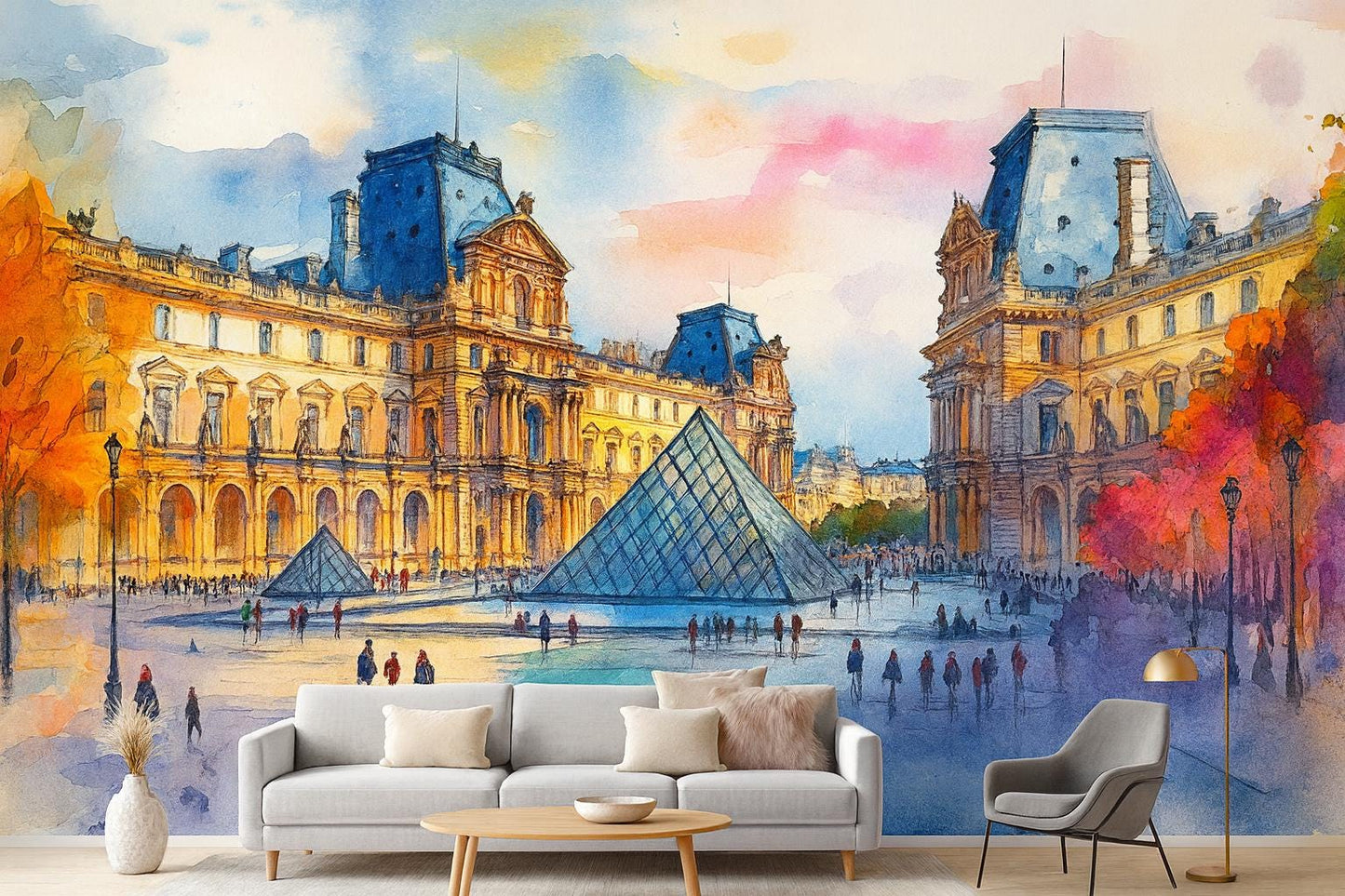 Louvre Paris Watercolor Wall Mural – Pyramid & Museum Wallpaper Vn934