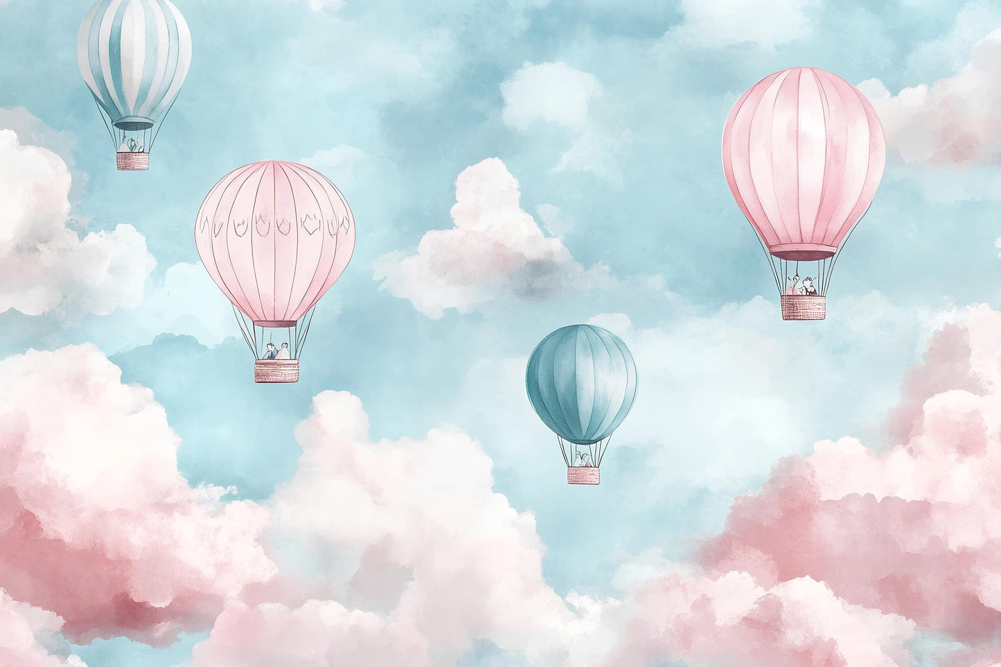 Hot Air Balloon Mural – Pink Blue Cloud Wallpaper Kids Nursery Wall Decor Vn998