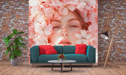 Floral Face Art Print | Pink Blossom Portrait Wall Mural | Feminine Spring Decor for Living Room | Boho Botanical Photo Poster Vn170