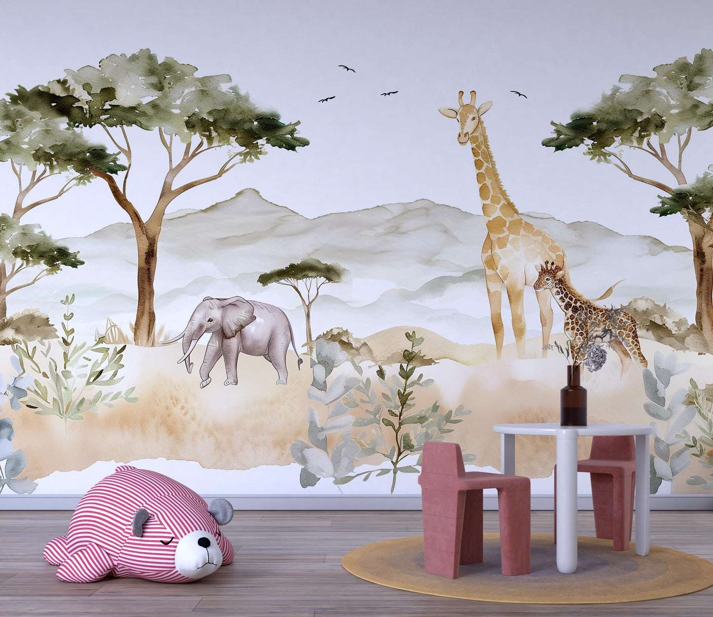 Safari Animals Wall Mural | Jungle Nursery Wallpaper with Giraffe & Elephant Vn1036