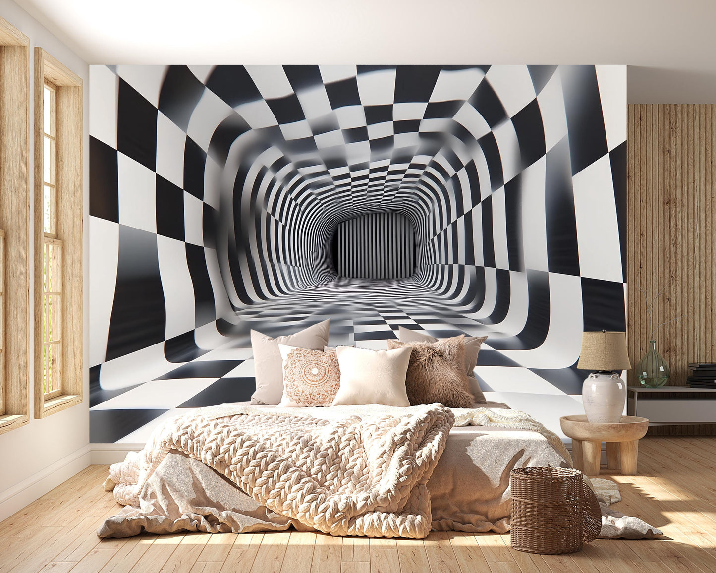 3D Optical Illusion Wall Mural – Black White Tunnel Wallpaper Vn907