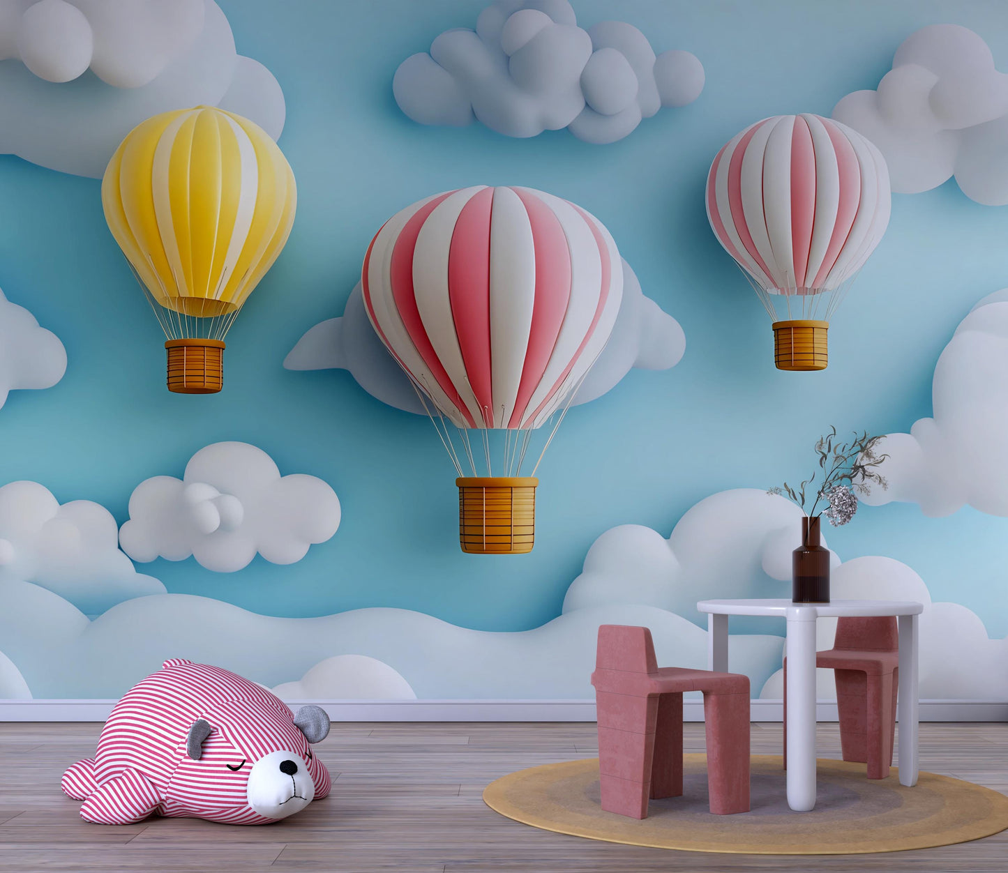 Hot Air Balloon Nursery Wall Mural – Whimsical Cloud & Sky Wallpaper for Kids Room, Playroom Decor, Gender Neutral Baby Room Art Vn374