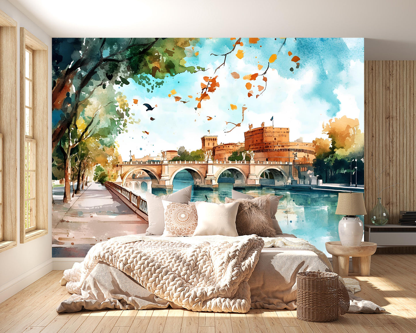 Rome Castel Sant’Angelo Wall Mural – Watercolor Italy Bridge & River Wallpaper Vn923