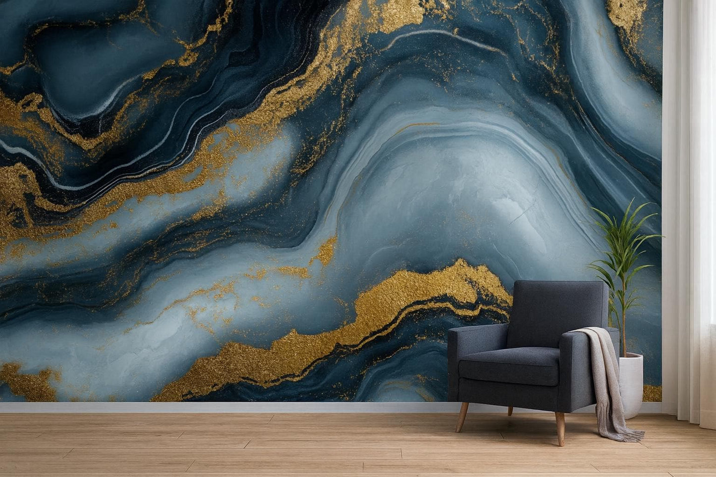 Navy Gold Marble Wall Mural – Luxury Abstract Wallpaper Vn966
