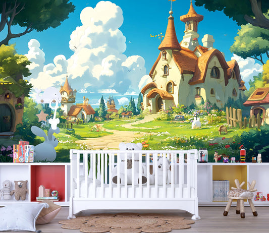 Whimsical Fairytale Village Wall Mural for Nursery | Fantasy Cottage Landscape Wallpaper | Baby Room Wall Decor | Storybook Theme Vn710