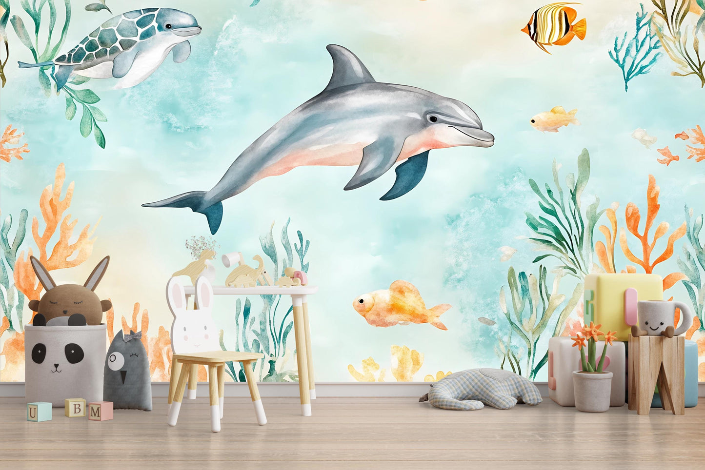 Dolphin Wall Mural – Ocean Nursery Wallpaper with Fish & Coral Reef Vn987