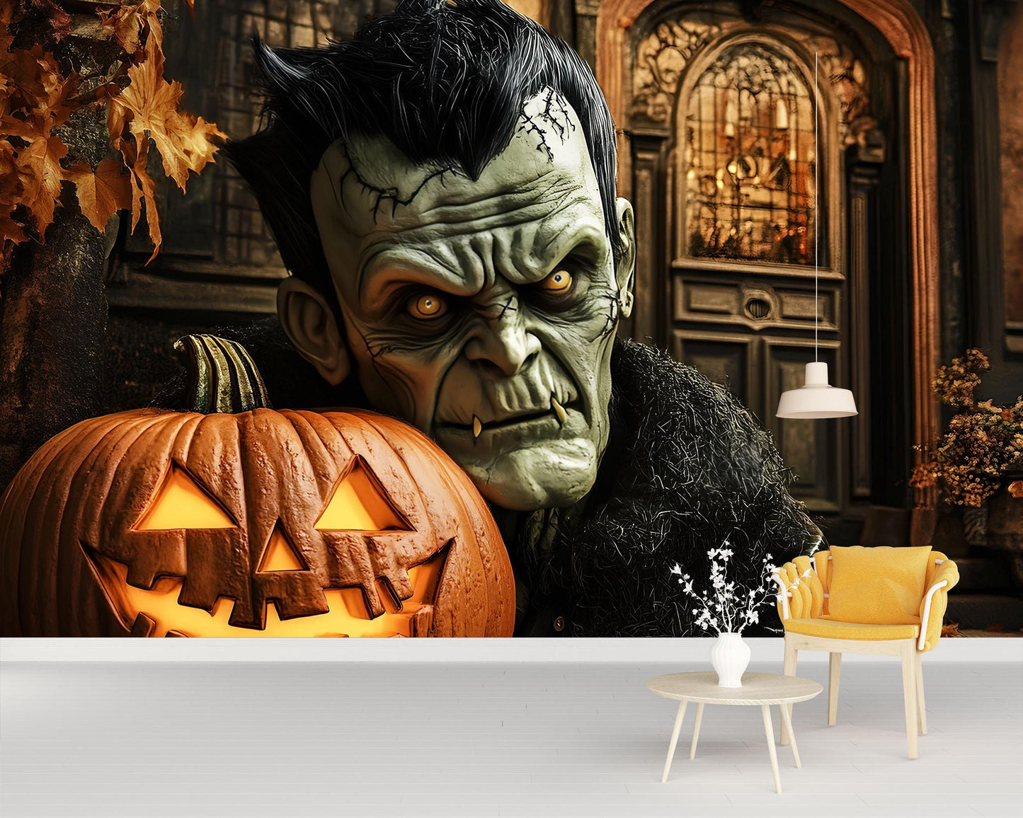 Frankenstein & Pumpkin Wall Mural – Creepy Halloween Home Decor Vn807