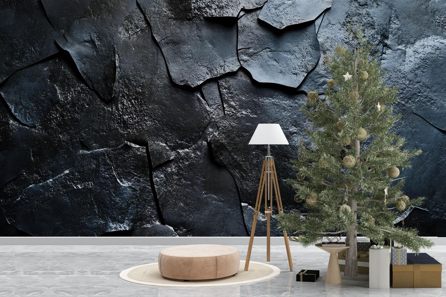 Modern Black Rock Texture Wallpaper – Bold Dark Stone Wall Mural for Living Room, Office, or Studio – Industrial Style Décor Vn653