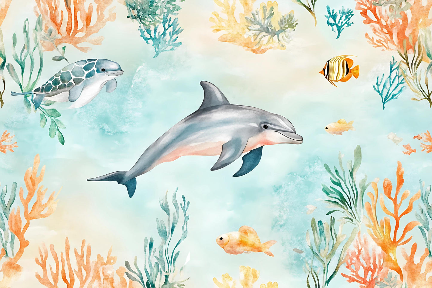 Dolphin Wall Mural – Ocean Nursery Wallpaper with Fish & Coral Reef Vn987