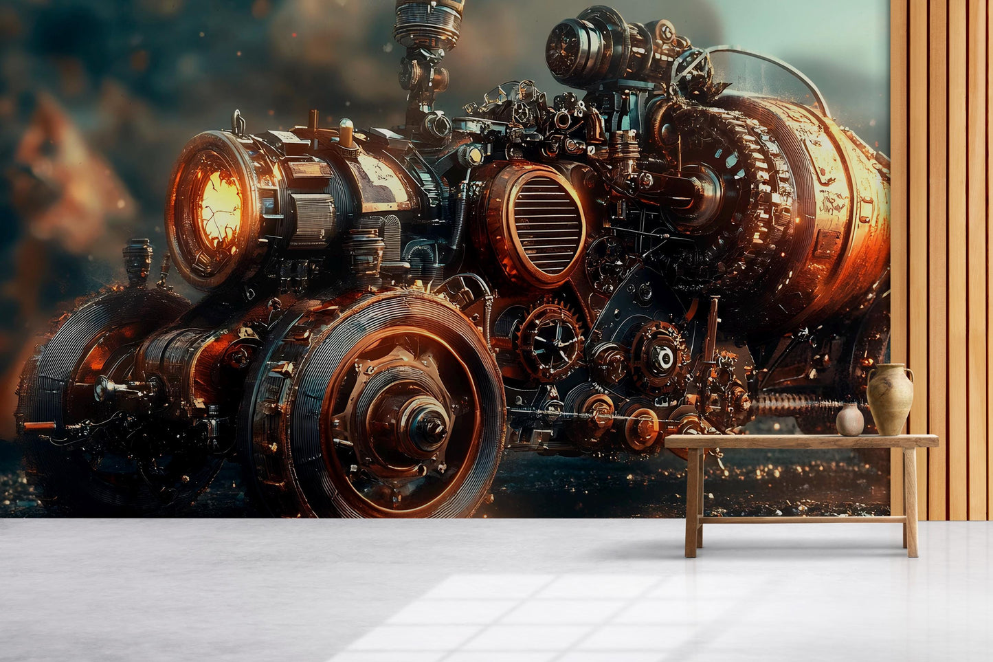 Steampunk Engine Wall Mural – Industrial Futuristic Art Print | Sci-Fi Bedroom Decor | Dark Fantasy Wall Art | Steampunk Home Accent Vn377