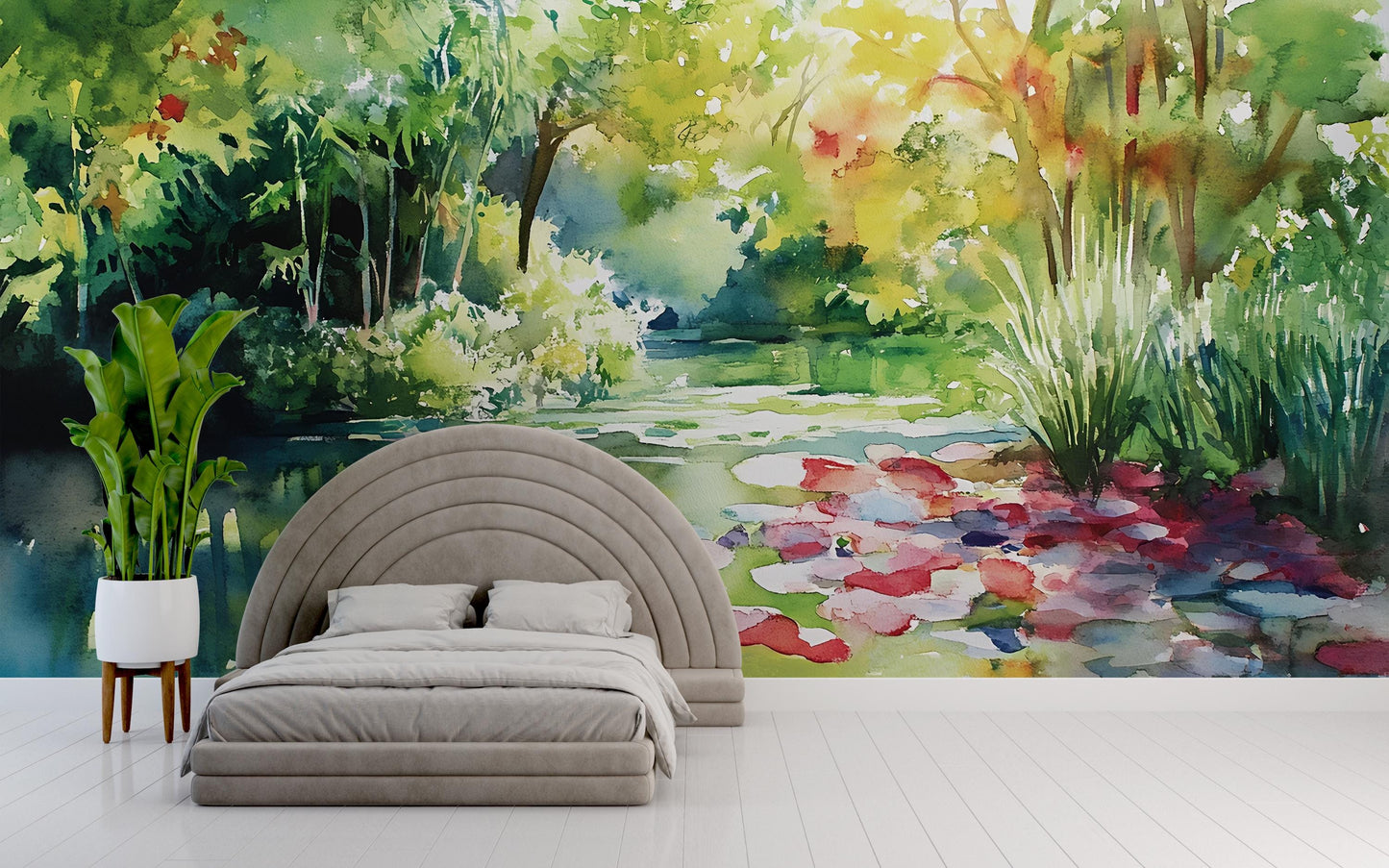 Watercolor Nature Wall Mural | Tranquil Forest Lake Wallpaper | Bedroom Accent Wall Art Vn550