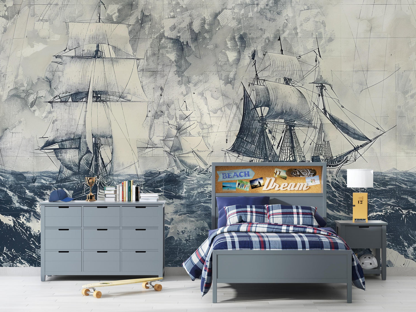 Vintage Ship Wall Mural | Nautical Ocean Waves Wallpaper Vn1044