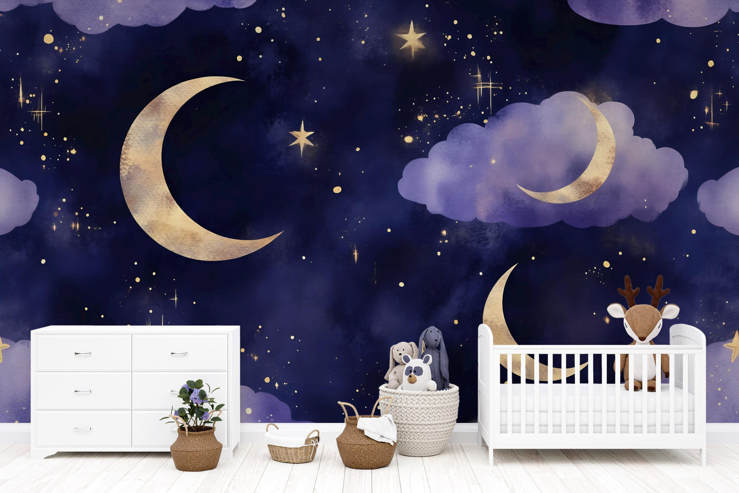 Moon and Stars Mural – Purple Night Sky Nursery Wallpaper Baby Room Decor Vn995
