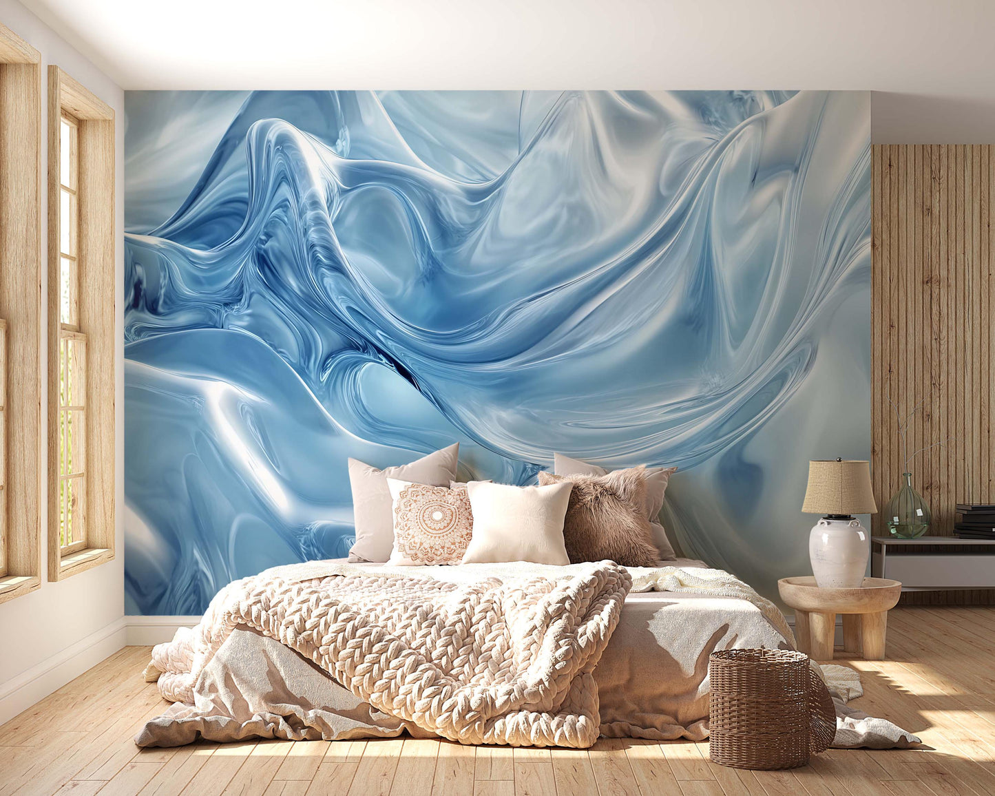 Abstract Blue Swirl Wall Mural, Modern Bedroom Wallpaper, Ocean Wave Effect Art, Luxury Interior Accent Wall Decor Vn752