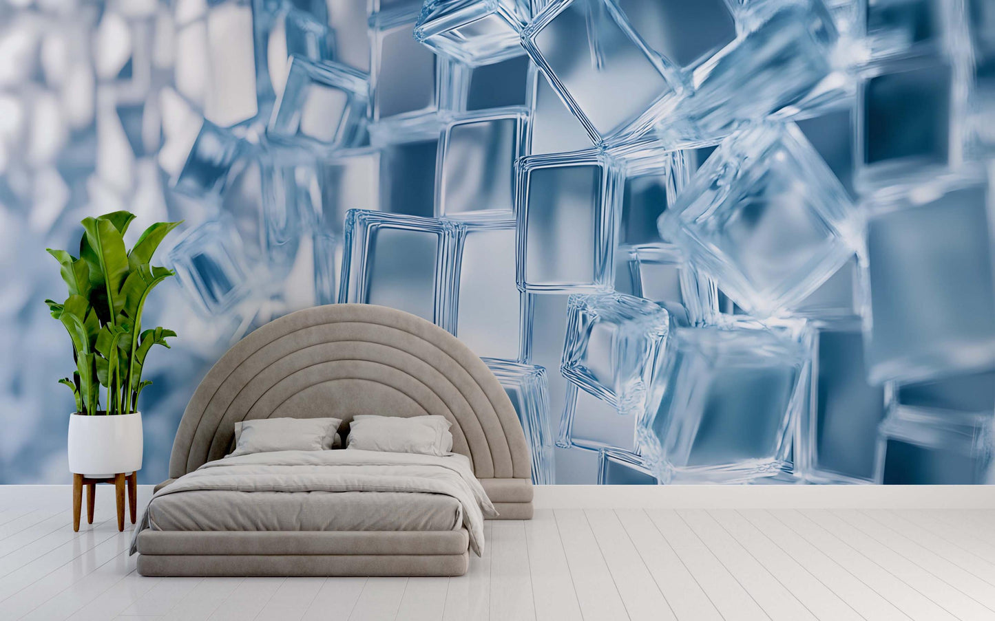 Modern Ice Cube Wall Mural | 3D Abstract Blue Geometric Wallpaper | Large-Scale Bedroom Accent Wall Decor Vn746