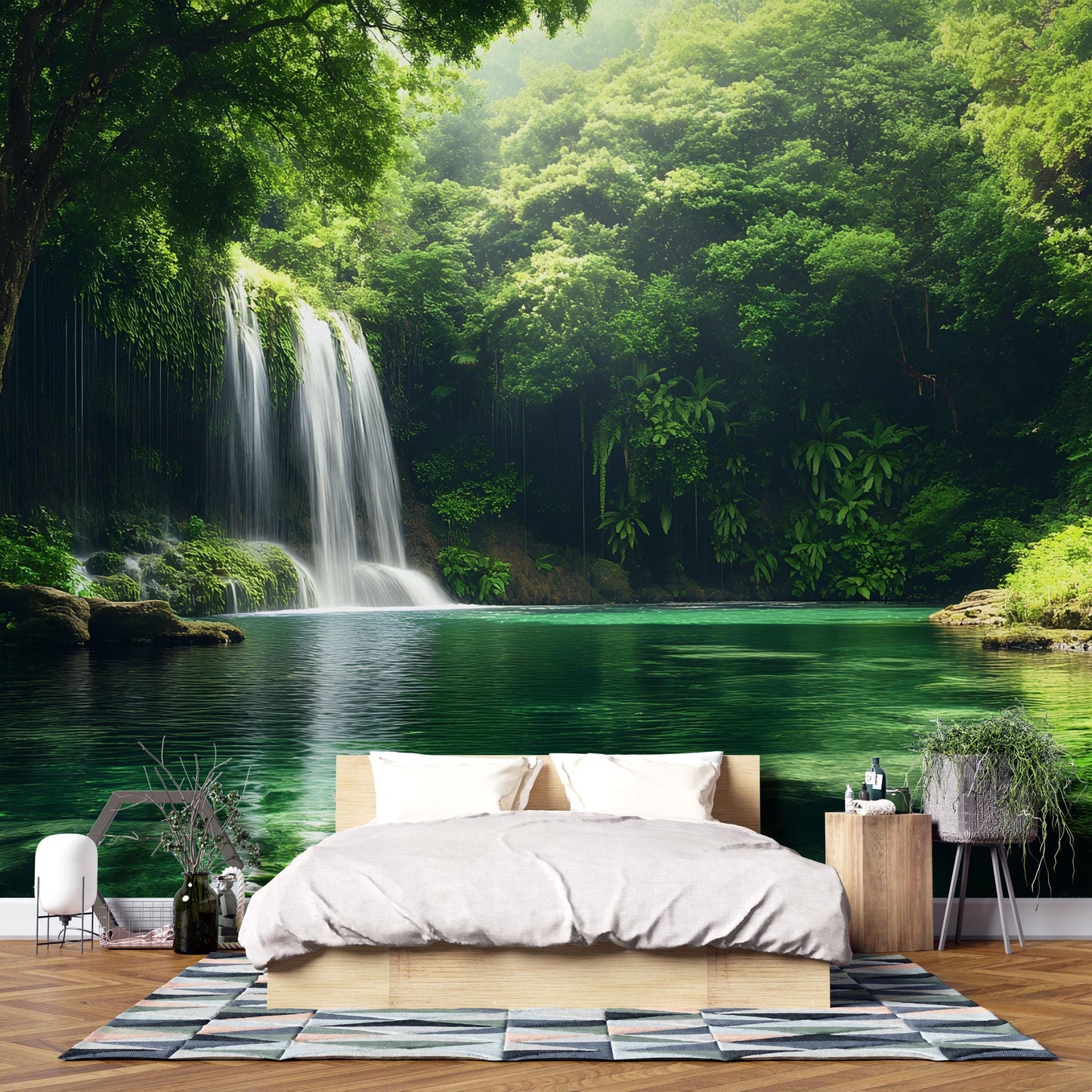 Waterfall Forest Wall Mural | Tranquil Nature Scene for Bedroom Decor | Lush Jungle Wall Art | Scenic Green Landscape Wallpaper Vn690