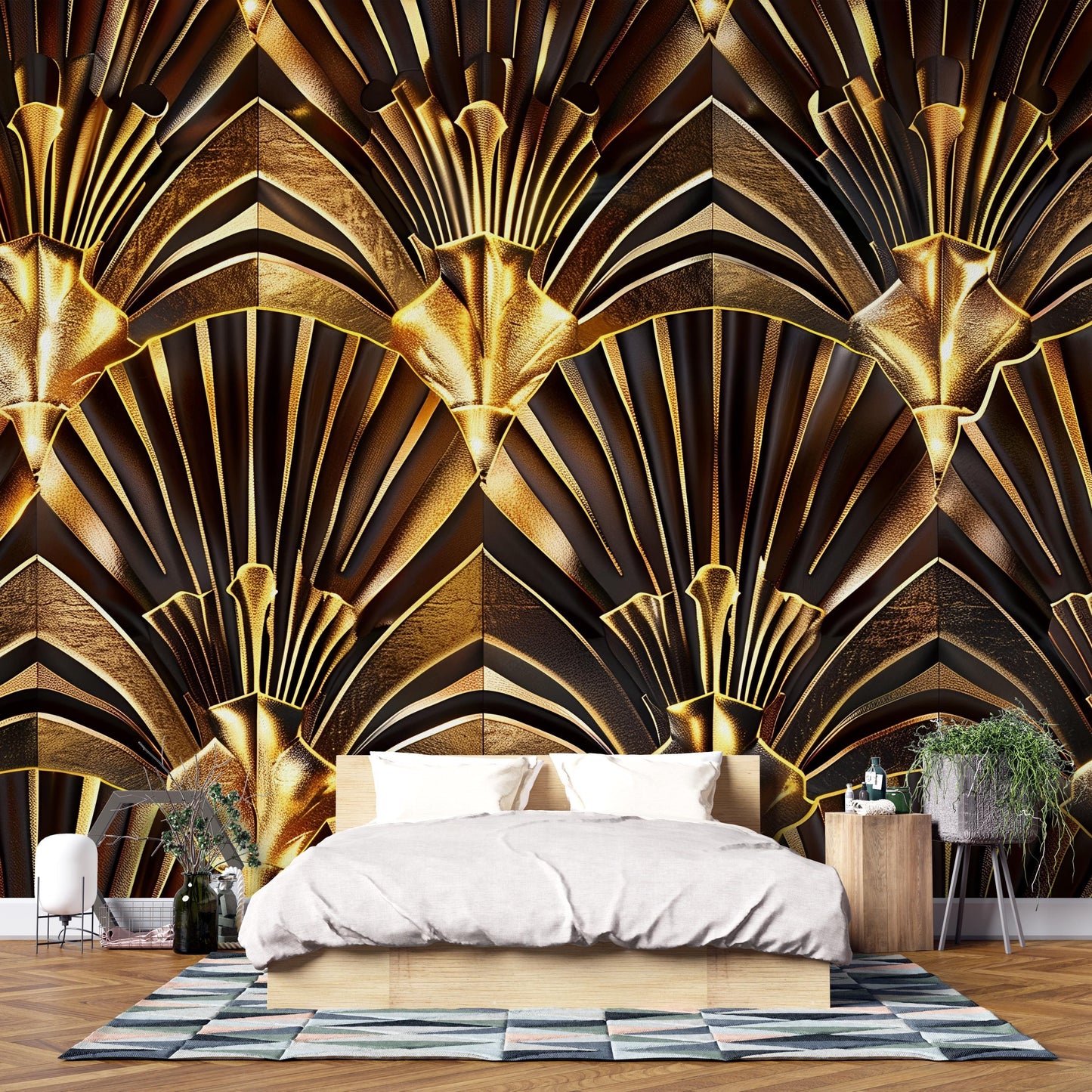 Art Deco Wall Mural – Luxury Gold & Black Geometric Wallpaper, Glam Accent Wall Decor for Bedroom, Living Room or Lounge Vn1083