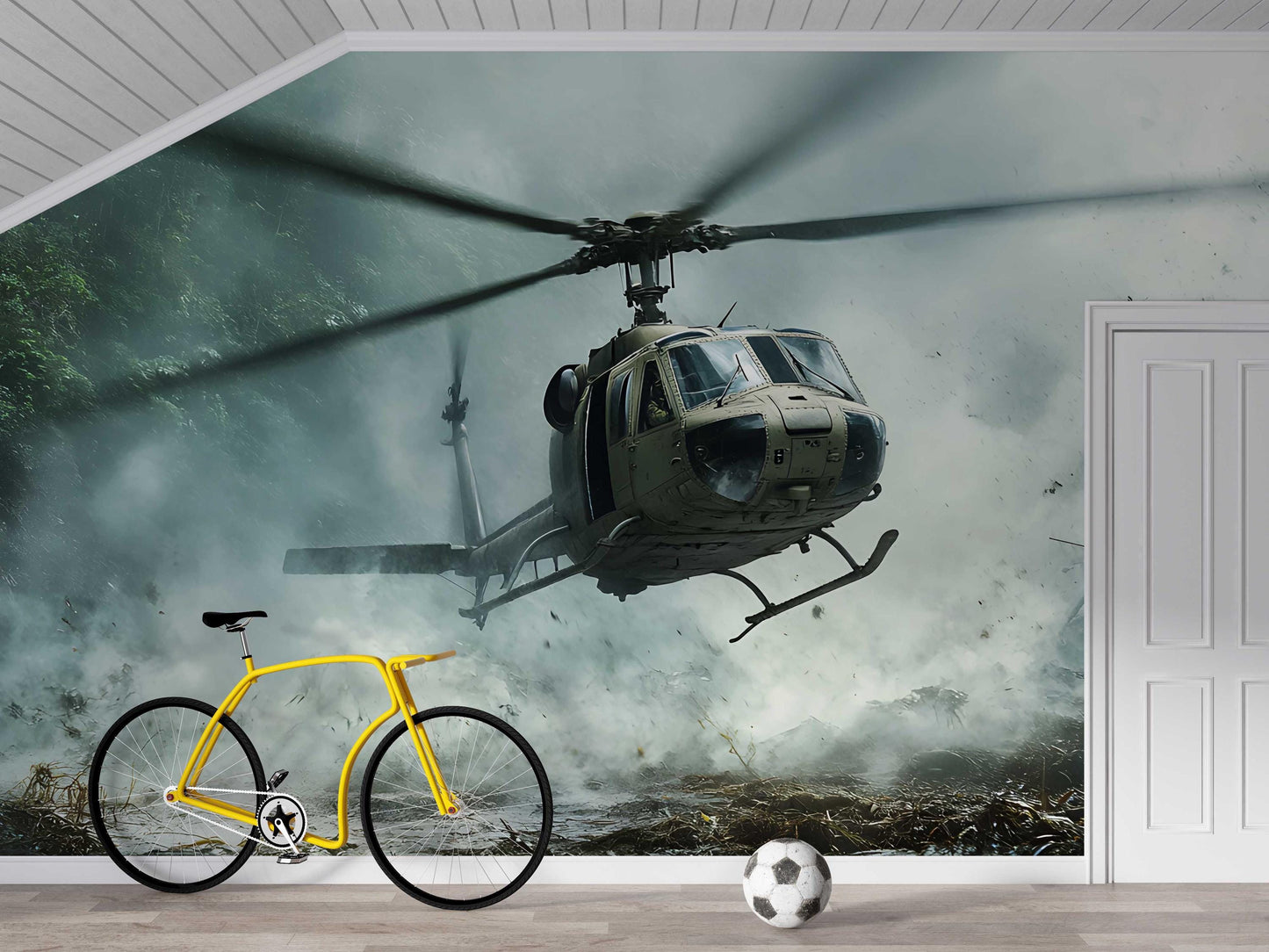 Helicopter War Scene Wall Mural for Boys Room – Epic Military Themed Wallpaper – UH-1 Huey Chopper Mural – Kids Room Wall Decor Vn456